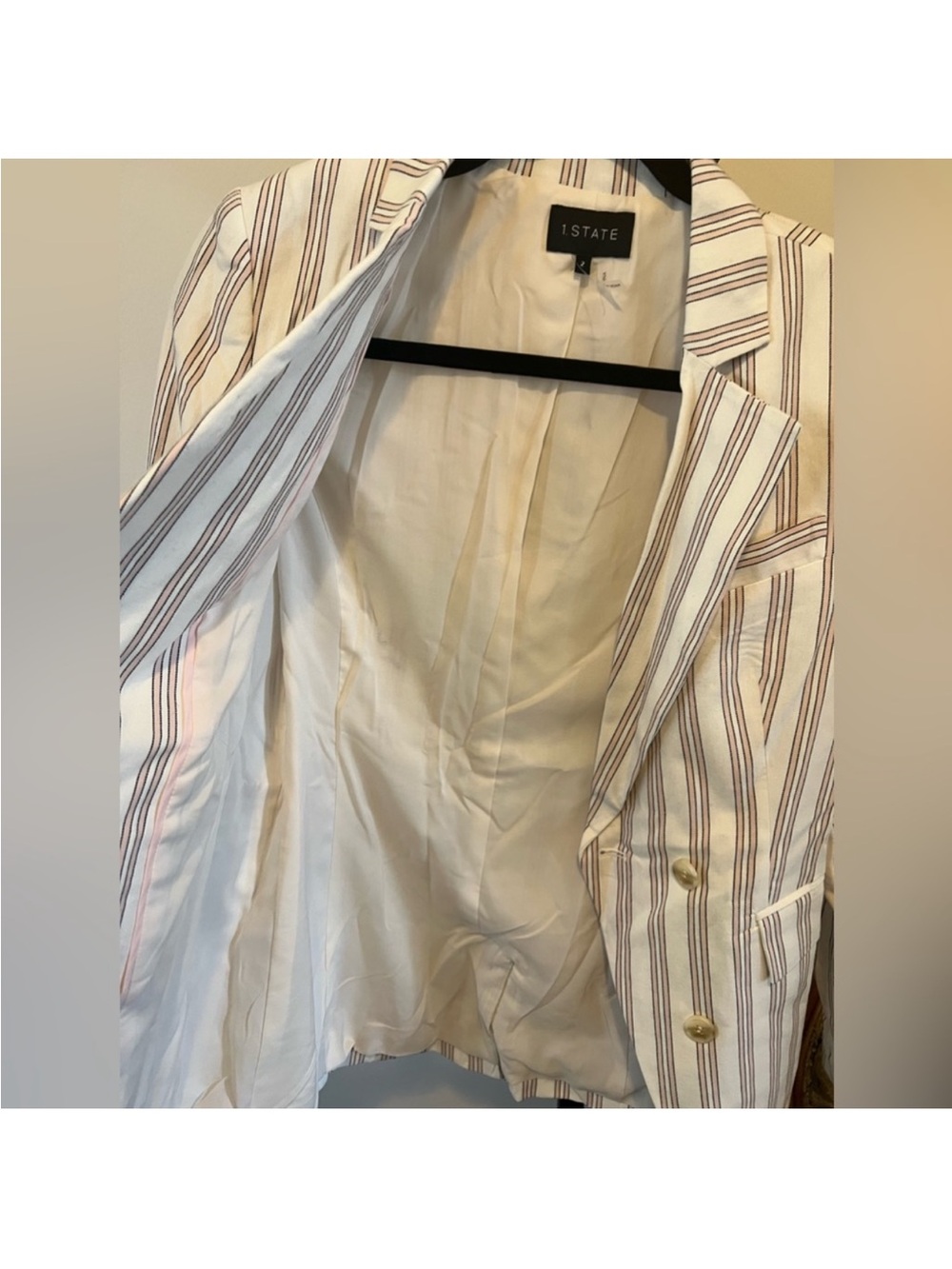 1.STATE Cream and Brown Striped Double-Breasted Blazer - Picture 3 of 12